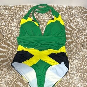 Emerald Green and Yellow Halter One Piece Swimsuit